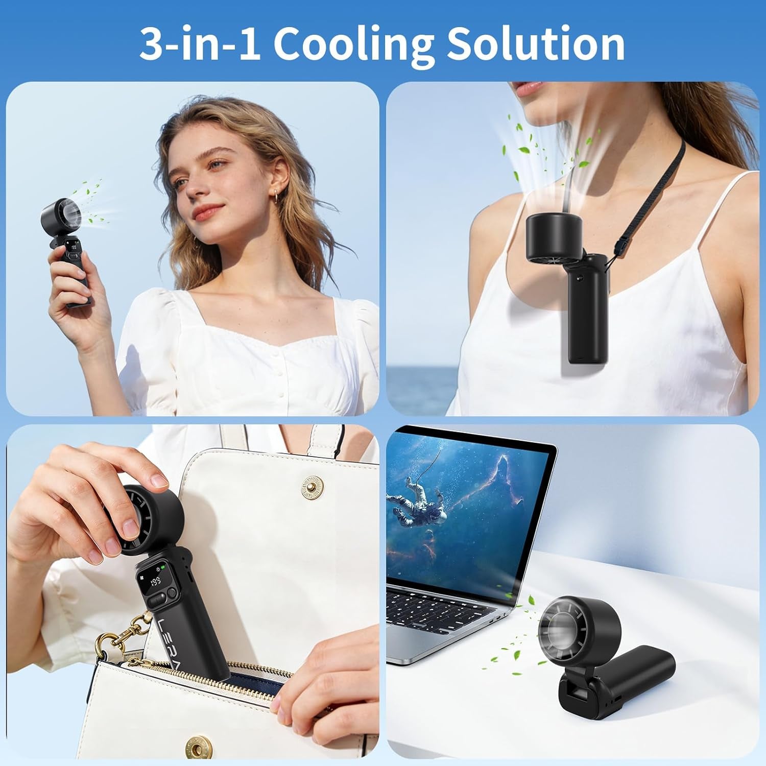 Portable Handheld Turbo Fan, 5-Speed High Power Mini Fan, 4000Mah Rechargeable Battery Operated, 3-In-1 Foldable Personal Fan for Travel, Beach, Cruise, Gifts for Women Men, Black