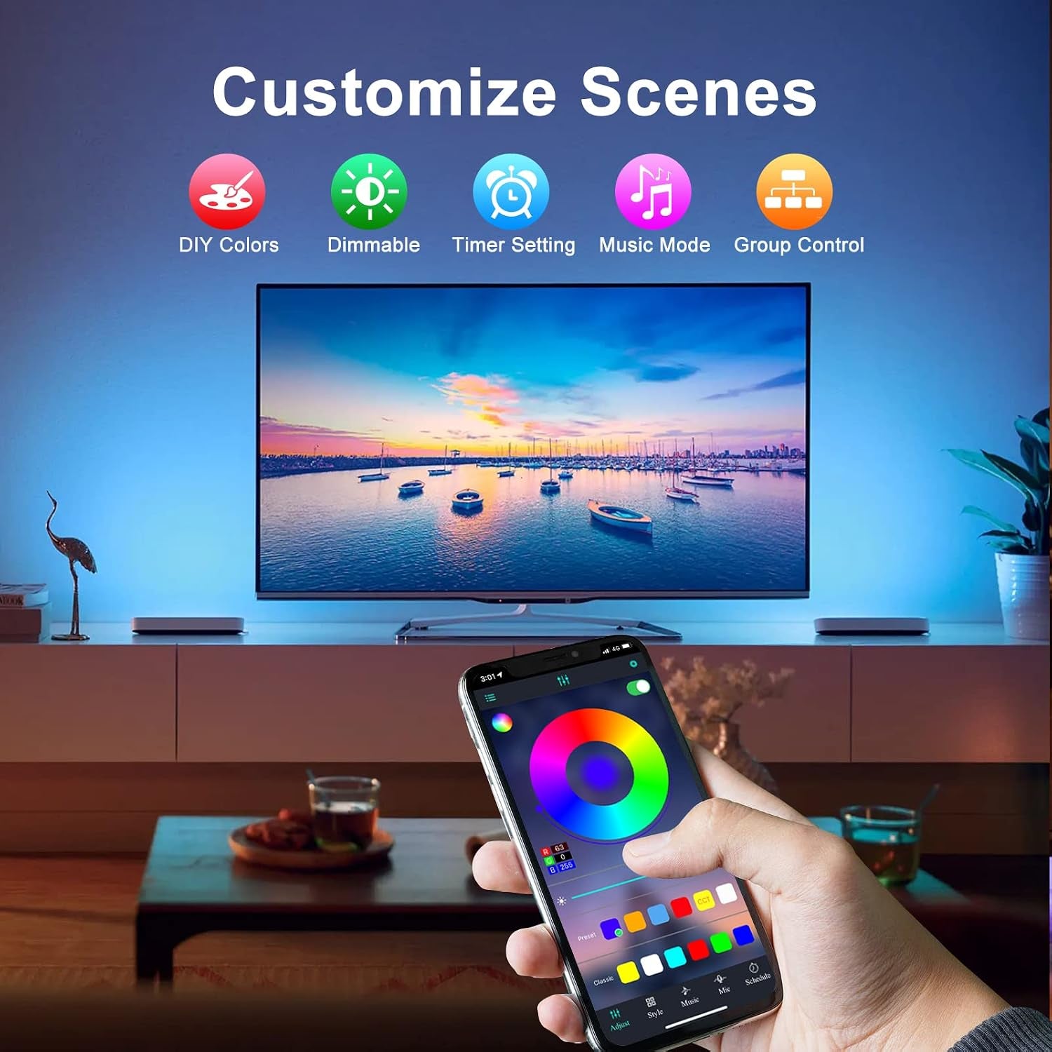 LED Strip Lights 65.6Ft Music Sync Color Changing RGB Led Lights for Bedroom with App Control Bluetooth LED Lights,Usb-Powered for Bedroom Room Apartment Kitchen Party Decorations